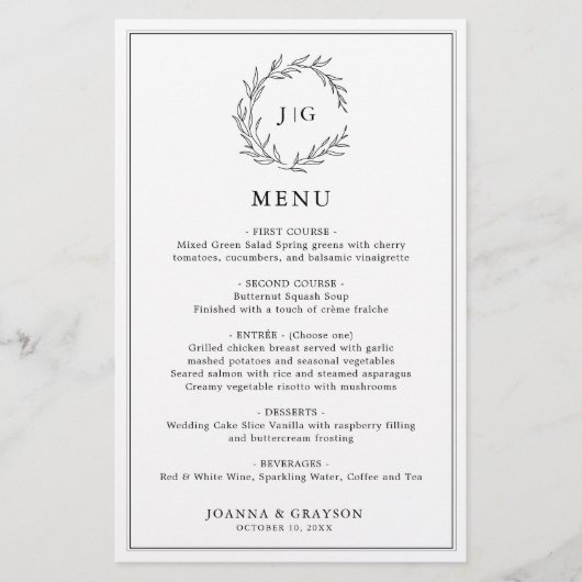 ミニマリストの白黒リーフモダンのメ結婚ニュー (正面)