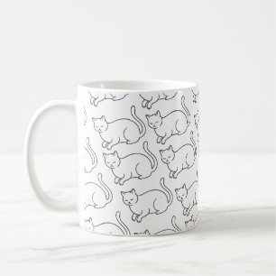 ミニマリストの眠そうな猫のパターンマグ   手描きの陶器 コーヒーマグカップ
