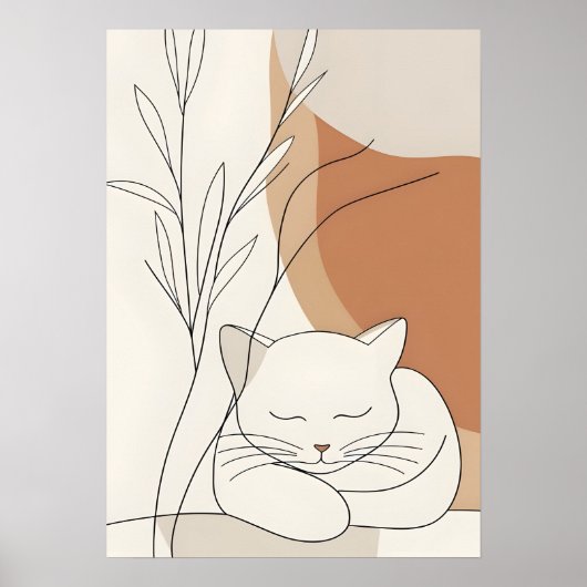 ミニマリストの眠り猫とボヘミアンな植物 ポスター (正面)