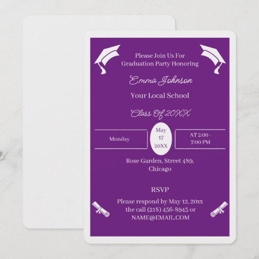 ミニマリストの紫と白のカスタム卒業 招待状 (正面/裏面)