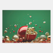 ミニマリストの緑と赤のクリスマスオーナメント ラッピングペーパーシート (正面3)