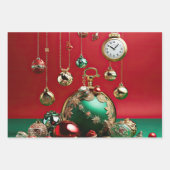ミニマリストの緑と赤のクリスマスオーナメント ラッピングペーパーシート (正面2)