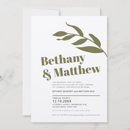 ミニマリストの緑の白い葉オリーブの結婚 招待状 (正面)
