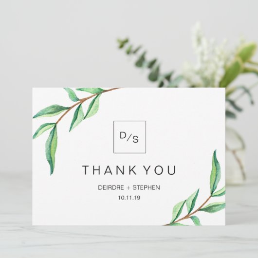 ミニマリストの緑離れの | モノグラムをありがとう サンキューカード (スタンド正面)