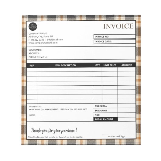 ミニマリストの縁どPlaid Business Invoiceテンプレート ノートパッド (正面)