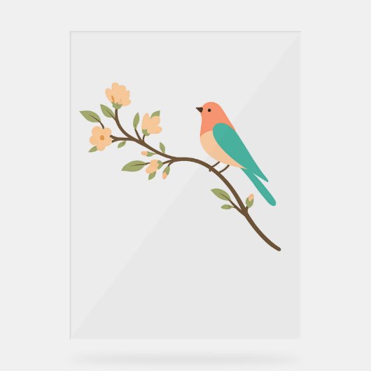 ミニマリストの花の枝の上の鳥のポスター アクリルサイン (正面)