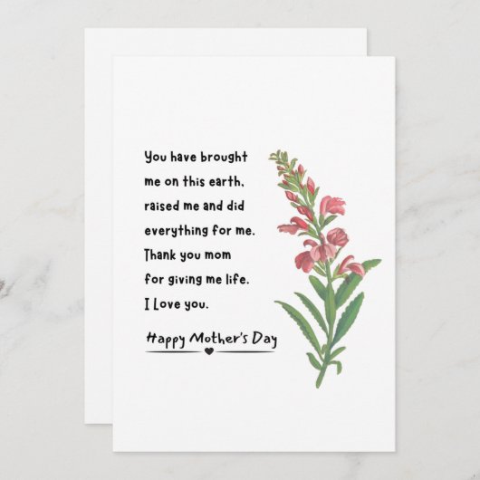 ミニマリストの花の絵の感謝カード 母の日 シーズンカード (正面/裏面)