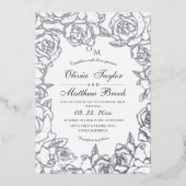 ミニマリストの花シルバーフォイルと結婚黒の 箔招待状 (正面)