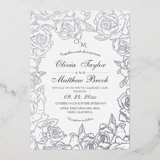 ミニマリストの花シルバーフォイルと結婚黒の 箔招待状 (正面)