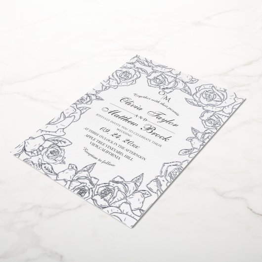 ミニマリストの花シルバーフォイルと結婚黒の 箔招待状 (回転した状態)