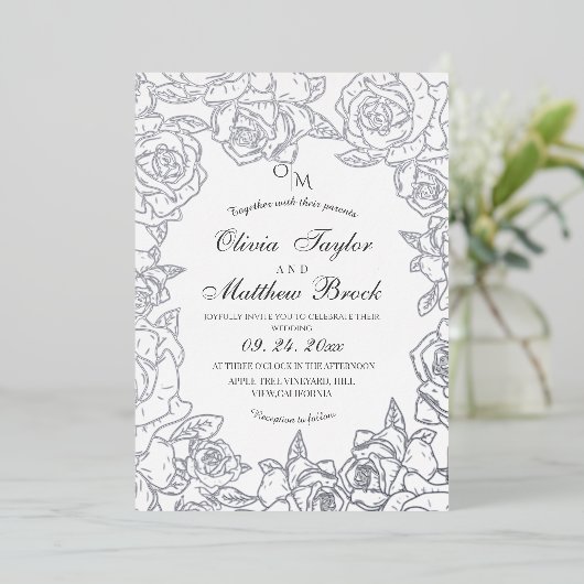 ミニマリストの花シルバーフォイルと結婚黒の 箔招待状 (立ち正面)