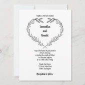 ミニマリストの葉を開いたハート結婚白黒 招待状 (正面)