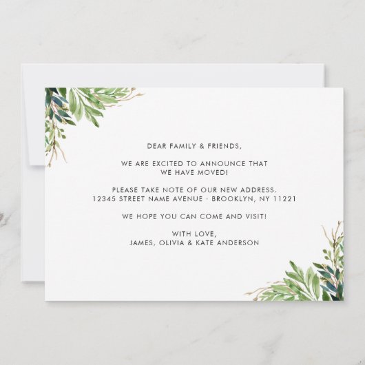 ミニマリストの葉引っ越しました新しいホームムービング 案内状 (裏面)