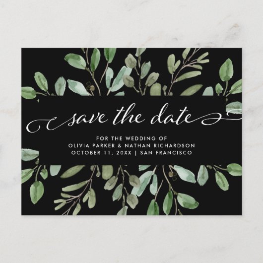 ミニマリストの葉(黒) | 結婚式の日付の保存 案内ポストカード (正面)