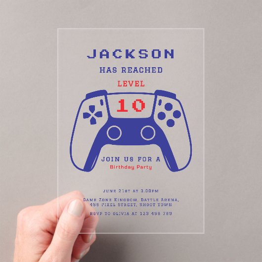 ミニマリストの赤と青のゲーマー男子の誕生日パーティー アクリル招待状 (インサイチュ (ポータブル))