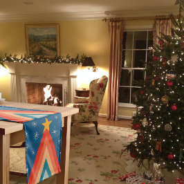 ミニマリストの赤と青のレトロなグルーヴィークリスマスツリー ミディアムテーブルランナー