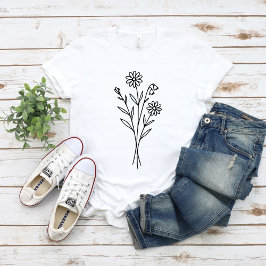 ミニマリストの野の花のボタニカルブーケ ラインアート Tシャツ