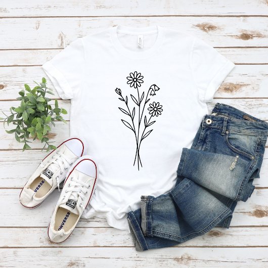 ミニマリストの野の花のボタニカルブーケ ラインアート Tシャツ
