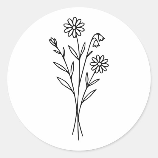 ミニマリストの野の花の植物画ブーケラインアート ラウンドシール (正面)