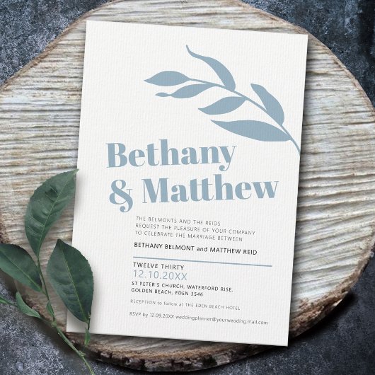 ミニマリストの青い灰色の白いオリーブ葉のオリーブ結婚の 招待状