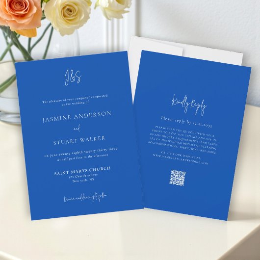 ミニマリストの青い結婚式招待状QRウェブサイトリンク 招待状
