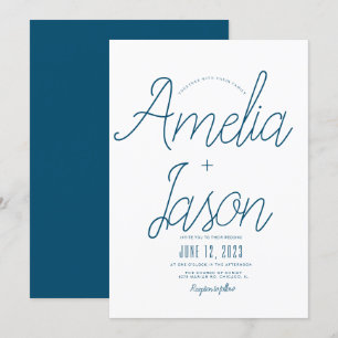 ミニマリストの青+白のスクリプト結婚の種類 招待状
