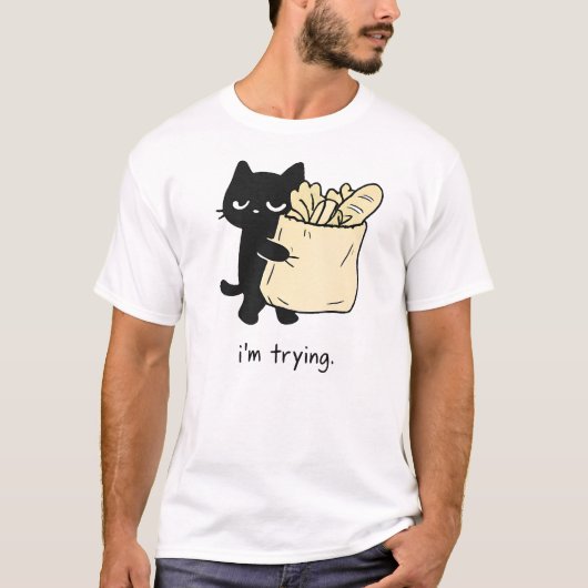ミニマリストの食料品猫のユーモアデザイン、 Tシャツ (正面)