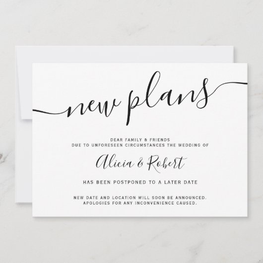 ミニマリストの黒と白の脚本、新たな計画が延期に 招待状 (正面)
