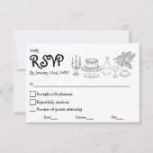 ミニマリストの黒と白の落書きウェディングRSVP 出欠カード (正面)