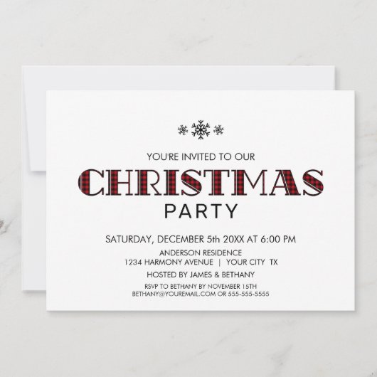 ミニマリストの黒と赤のバッファローのプレイドクリスマス 招待状 (正面)