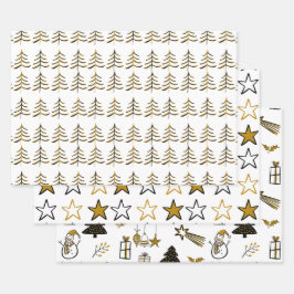 ミニマリストの黒と金ゴールドクリスマスツリーと星 ラッピングペーパーシート