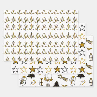 ミニマリストの黒と金ゴールドクリスマスツリーと星 ラッピングペーパーシート