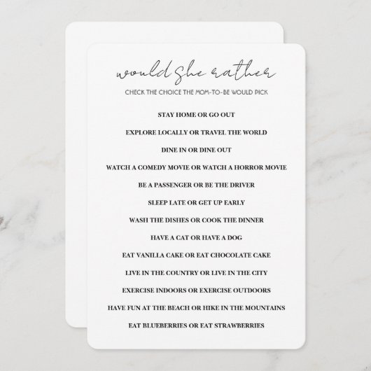 ミニマリストは彼女はむしろ赤ちゃんシャワーのゲーム 招待状 (正面/裏面)