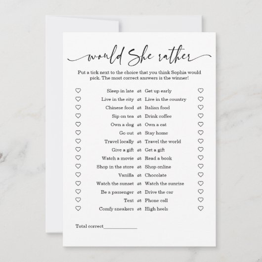 ミニマリストは彼女はブライダルシャワーゲーム 招待状 (正面)