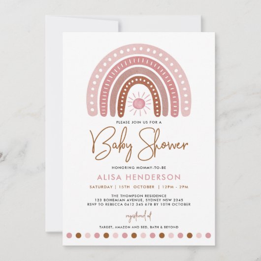 ミニマリストほこりっぽいピンクのレインボーサンシャインベビーシャワー 招待状 (正面)