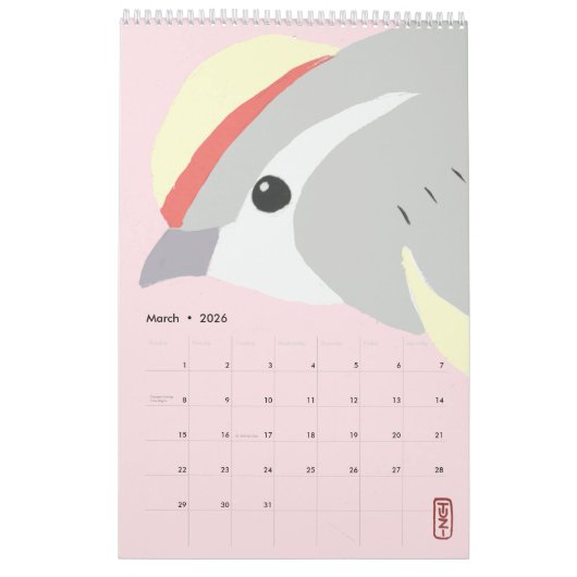 ミニマリストアニマルアートパステルバードキツネウサギデコール カレンダー (3月 2026)