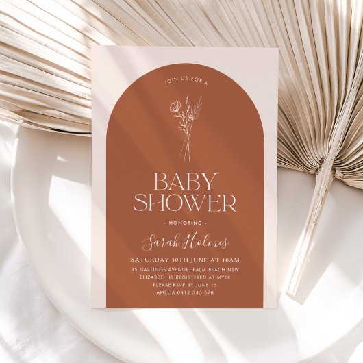 ミニマリストアーチテラコッタボタニカルベビーシャワー 招待状