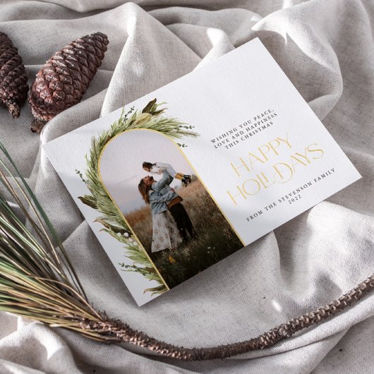 ミニマリストアーチハッピーホリデーズフォト 箔シーズンカード