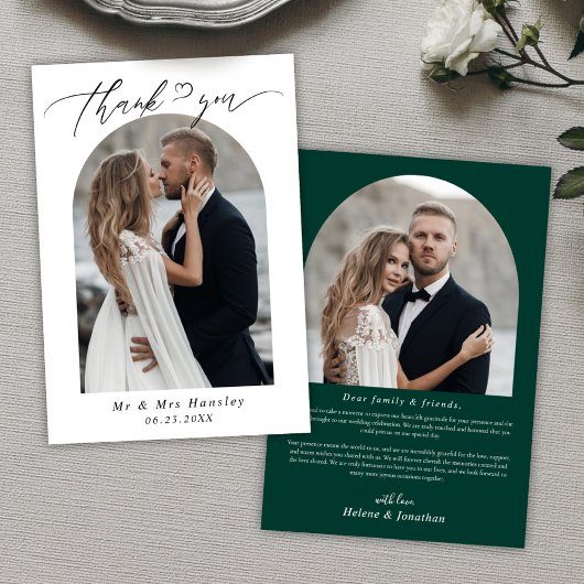 ミニマリストアーチフォトエメラルドグリーン結婚ズ サンキューカード