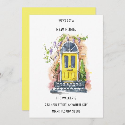 ミニマリストイエローハウスドアの移動発表 招待状 (正面/裏面)