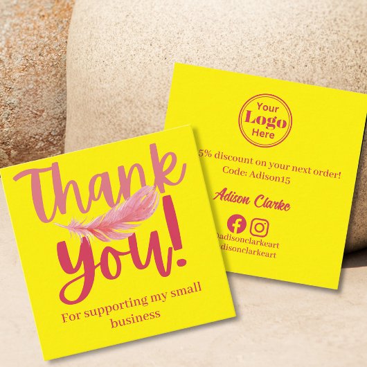 ミニマリストイエローピンクフェザーありがとうブランディング スクエア名刺