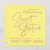 ミニマリストイエローローズ金ゴールドタイポグラフィスウィート16 招待状 (正面/裏面)