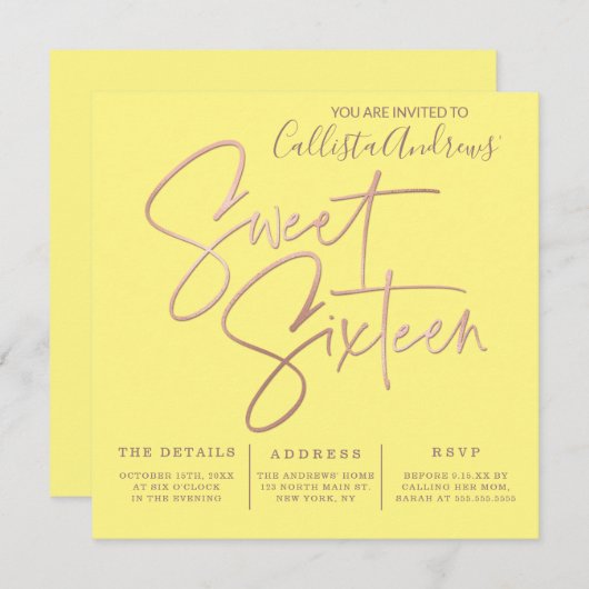 ミニマリストイエローローズ金ゴールドタイポグラフィスウィート16 招待状 (正面/裏面)