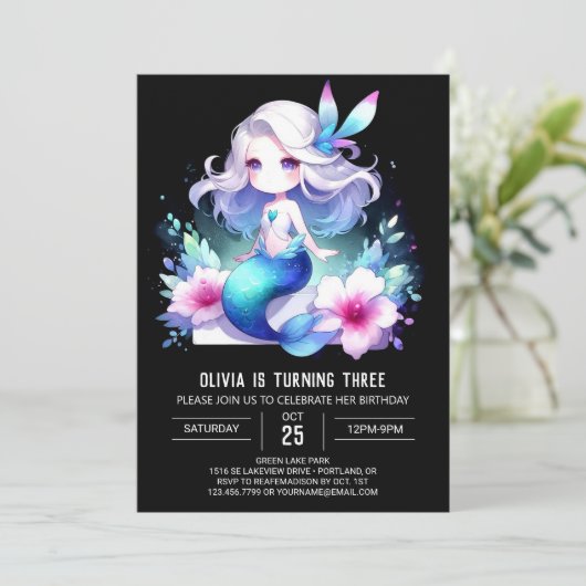 ミニマリストウィムシーマーメイド誕生日 招待状 (スタンド正面)