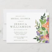 ミニマリストウォーターカラーオレンジフローラブライダルシャワー 招待状 (正面)