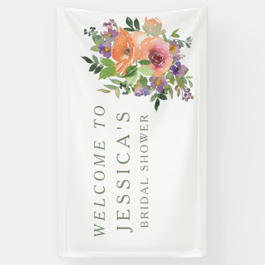 ミニマリストウォーターカラーオレンジフローラブライダルシャワー 横断幕 (縦)