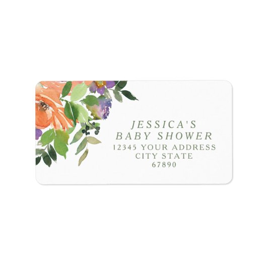 ミニマリストウォーターカラーオレンジフローラベビーシャワー ラベル (正面)