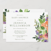 ミニマリストウォーターカラーオレンジフローラベビーシャワー 招待状 (正面/裏面)