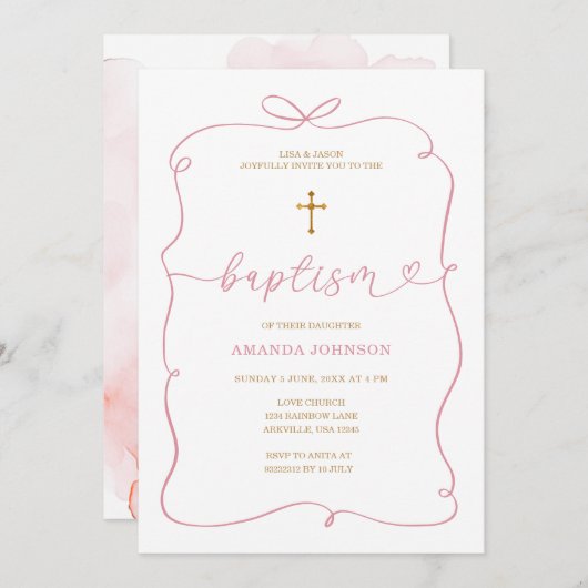 ミニマリストウォーターカラーガール《キリスト教》洗礼式や命名式バプテスマ 招待状 (正面/裏面)