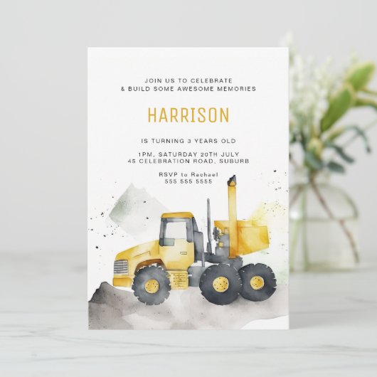 ミニマリストウォーターカラーセメントトラック誕生日 招待状 (スタンド正面)